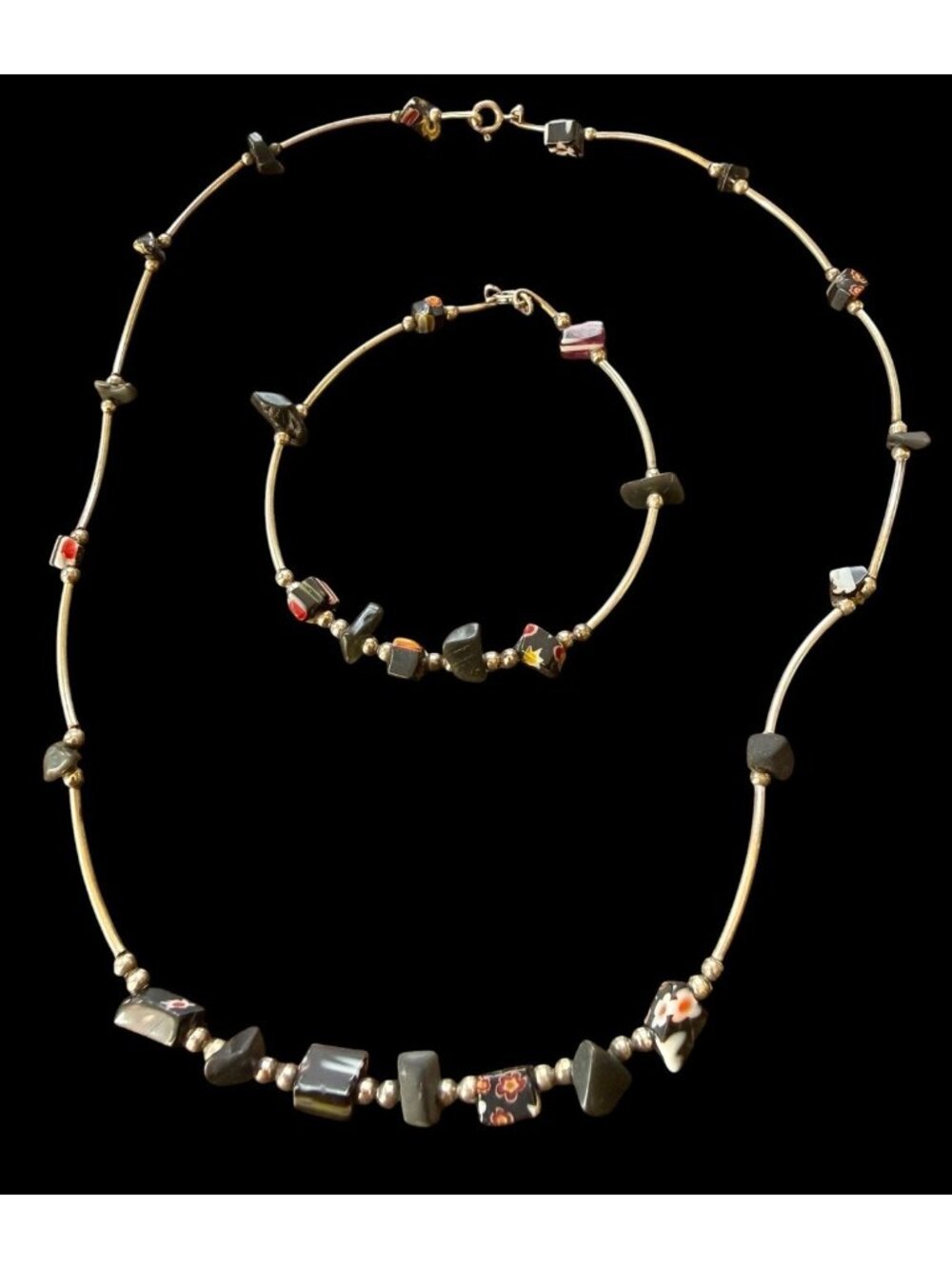 Vintage Sterling Silver Black Millefiori Beaded Necklace Bracelet Set Italy